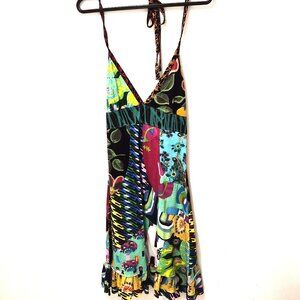 Desigual Tie-Back Halter Dress M Flared with Volans Skirt 100% Cotton Patchwork
